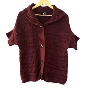 Talbots Burgundy‎ Short Sleeve Chunky Cotton Cable Knit Button Sweater Size L